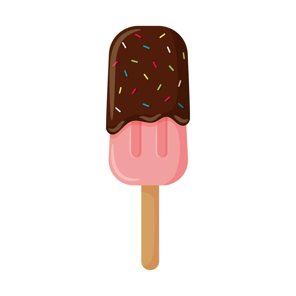 Ice cream on a stick, pink popsicle with chocolate icing and decorative sprinkles. Sweet, high-calorie, unhealthy food, dessert. Color vector illustration in cartoon flat style. Isolated on white