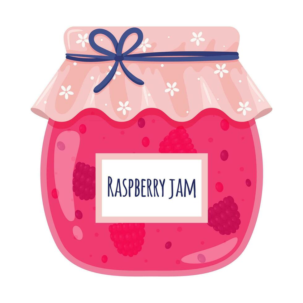 Glass jar with raspberry jam. Sweet food, jam with berries, homemade food, treats, dessert. Color vector illustration in cartoon flat style. Isolated on a white background.