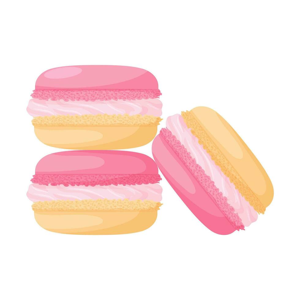 Pink-peach macaroon cakes with cream. Sweet, fatty, high-calorie, unhealthy food, dessert, treat. Color vector illustration in cartoon flat style. Isolated on a white background