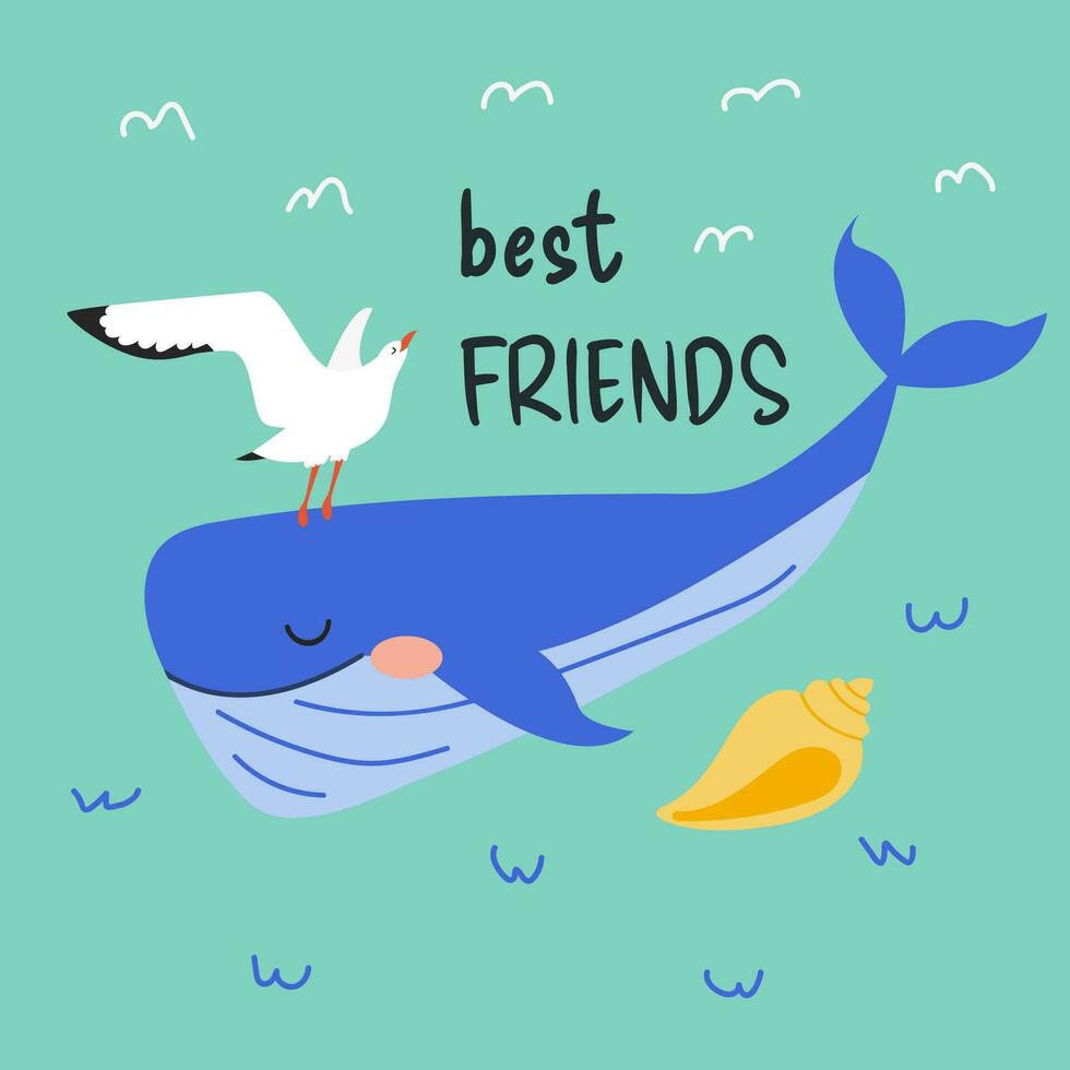 Cute whale and gull. Underwater and above-water life. Holiday greeting card. Seagull sitting on a whale. Postcard for best friends. Nautical poster, print, card,  sticker. Isolated background. vector