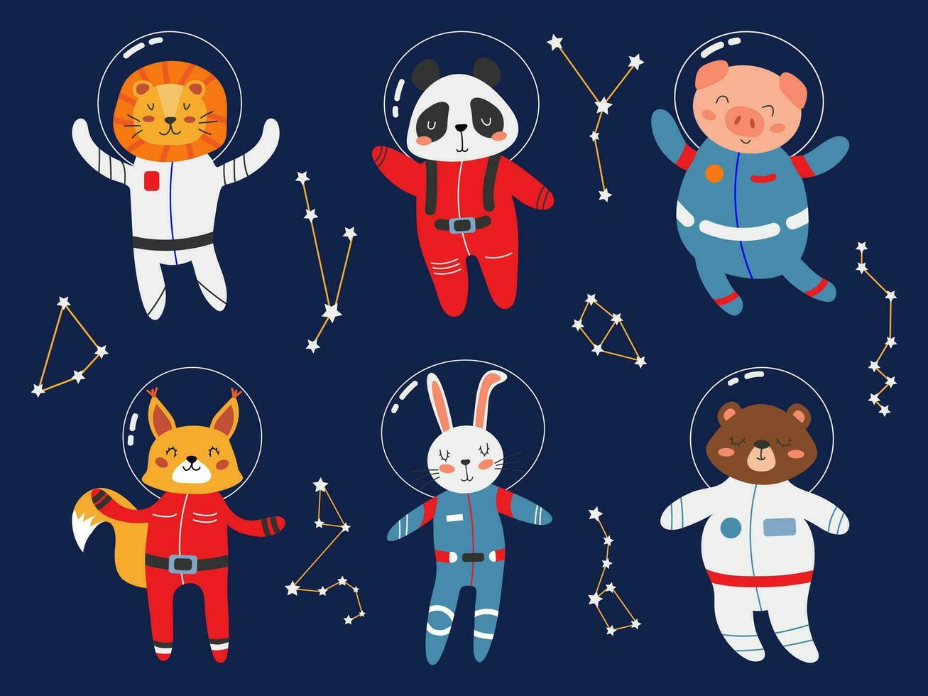 Vector set of space animals in spacesuits. Panda, rabbit, bear, squirrel, pig, lion, constellations in flat style. Concept for children's banner, greeting card. Cute cartoon print.