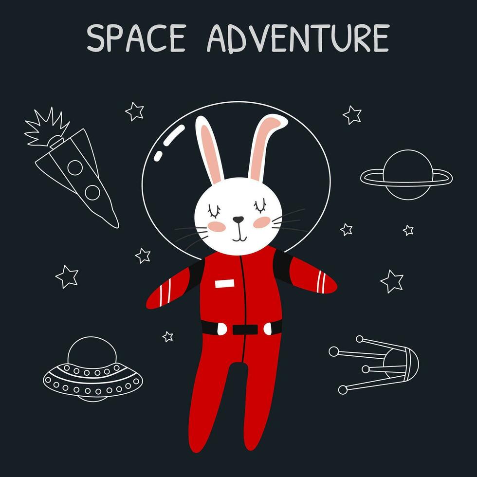 Hand-drawn vector illustration oaf a rabbit in spce. Space illustration with animal in red spacesuit. Planets, stars, rockets in doodle style. Concept for printing on children's t-shirt.