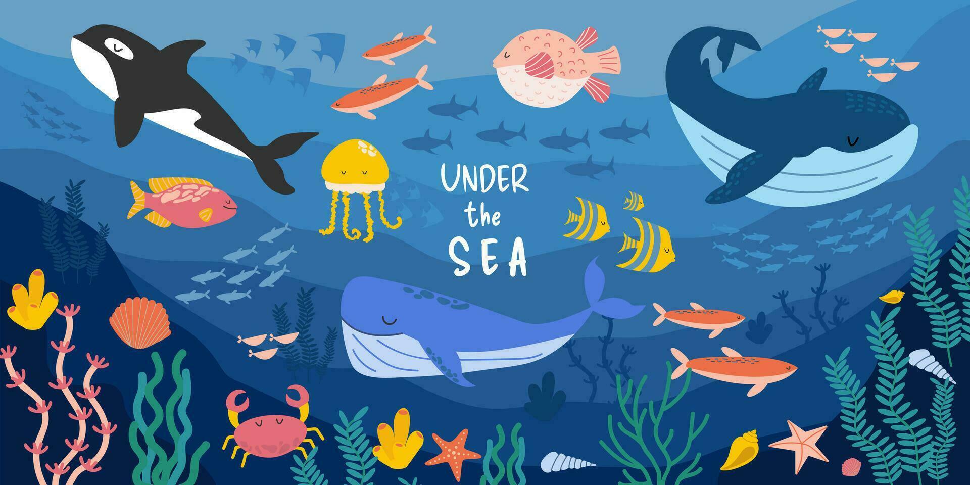 Set of sea and ocean underwater animals. Cute fish and wild marine cartoon animals. Undersea world. Whale, sperm and killer whale, fish, algae, shells,coral, jellyfish, crab. Drawings for banner, card vector