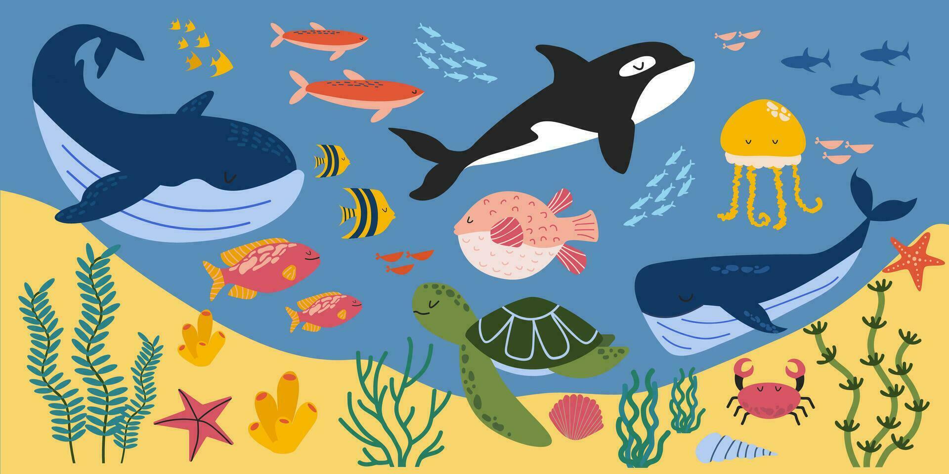 Big vector set of the underwater world. Horizontal banner of cave seabed with sea animals. Fish, whales, crab, algae. Marine life. Ocean floor. Flat style collection of ocean inhabitants.