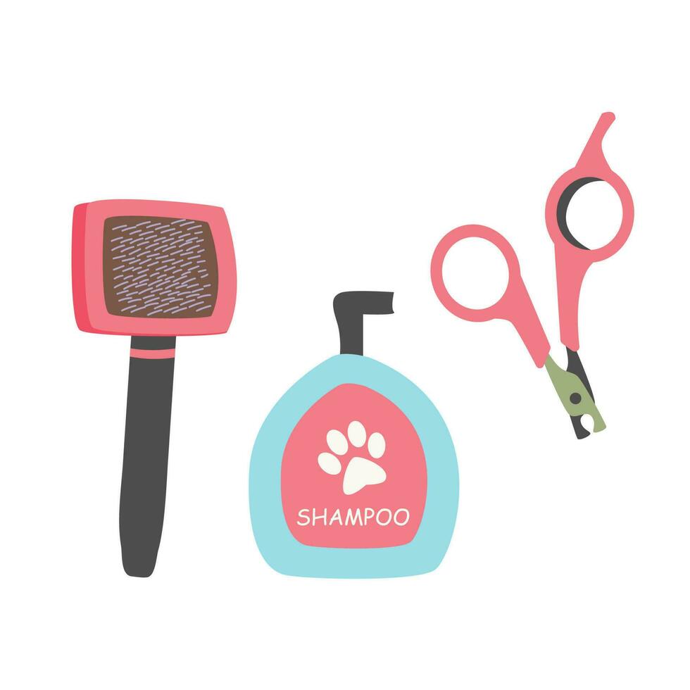 Vector pet grooming toolkit. Fluffer, nail clipper and shampoo. Goods from the pet store. White isolated background.