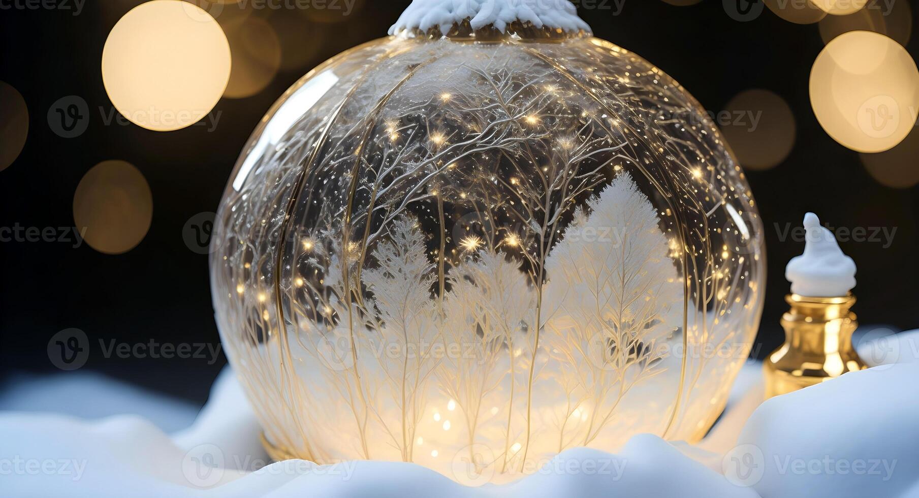 un invernal escena de festivo oro y blanco Navidad adornos, encerrado en un vaso nieve globo. ai generado foto