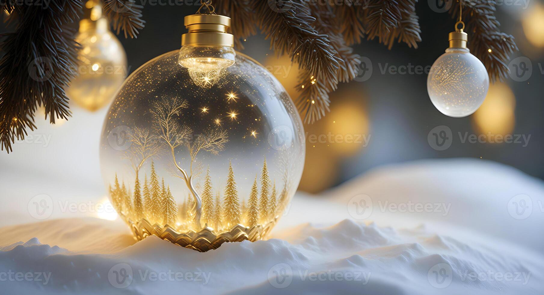 A wintery scene of festive gold and white Christmas ornaments, encased in a glass snow globe. photo