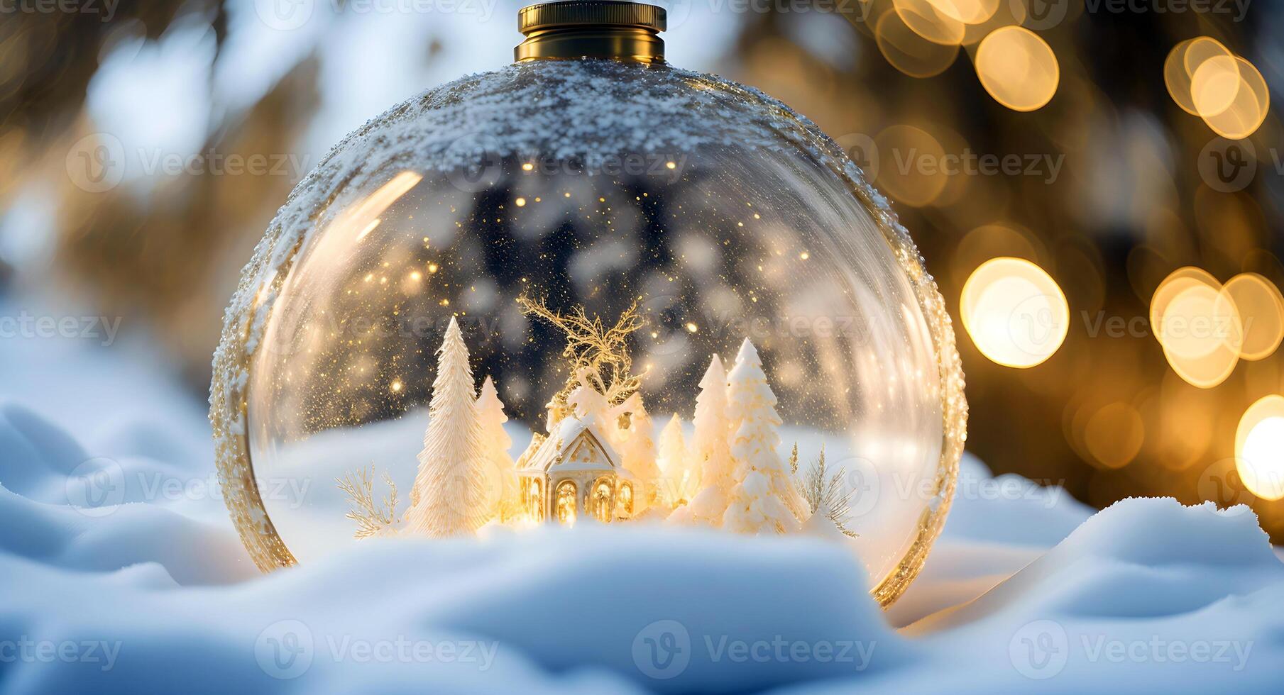 A wintery scene of festive gold and white Christmas ornaments, encased in a glass snow globe. photo