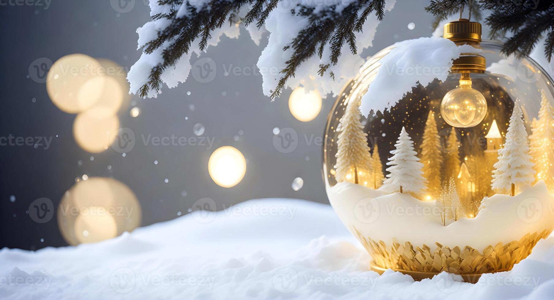 un invernal escena de festivo oro y blanco Navidad adornos, encerrado en un vaso nieve globo. ai generado foto