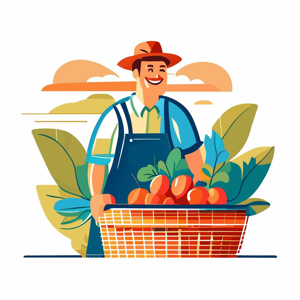 Smiling male farmer or gardener in uniform holds basket of ripe vegetables and fruits. Work and harvest. photo