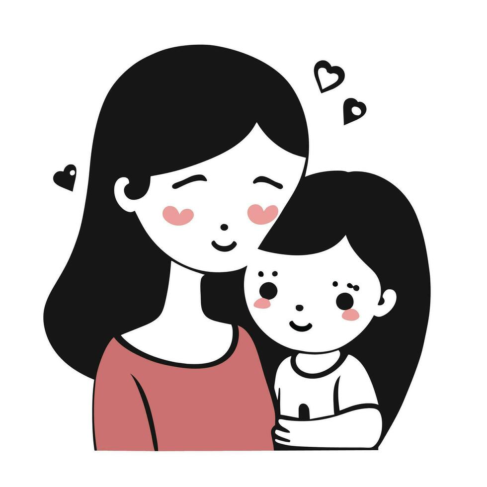 contento de la madre día personaje diseño vector. plano mano dibujado estilo mamá abrazando hija en su brazo. de la madre día vector