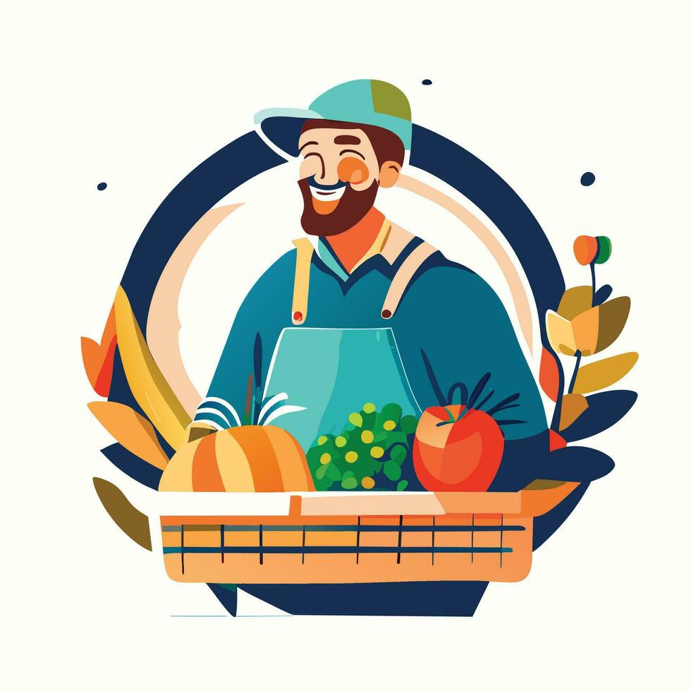Smiling male farmer or gardener in uniform holds basket of ripe vegetables and fruits. Work and harvest. vector