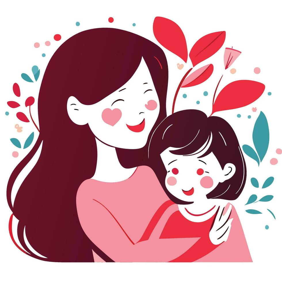 Happy Mother's day character design vector. Flat hand drawn style mom hugging daughter in her arm. Mother's day vector