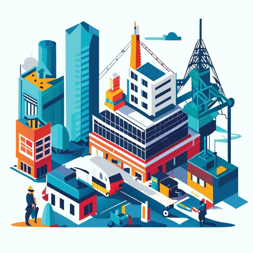 Work process of buildings construction and machinery. Flat vector concept development structure with equipment