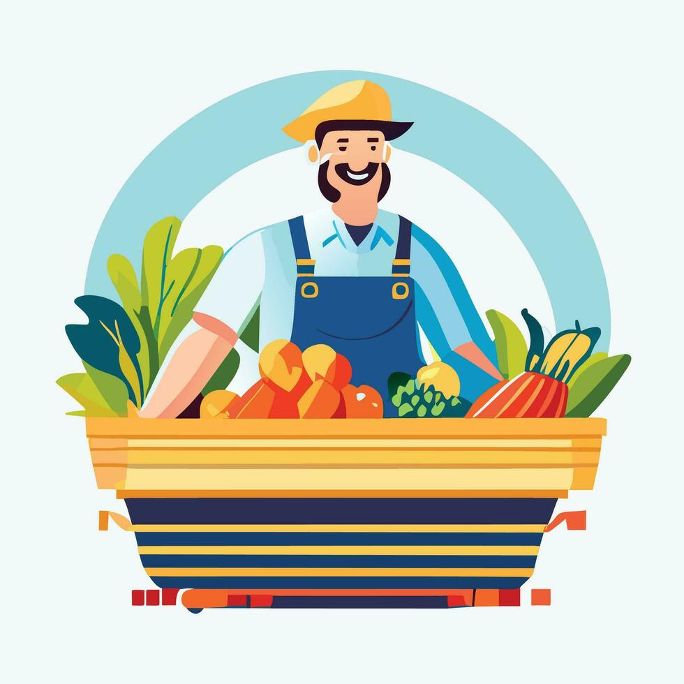 Smiling male farmer or gardener in uniform holds basket of ripe vegetables and fruits. Work and harvest. vector