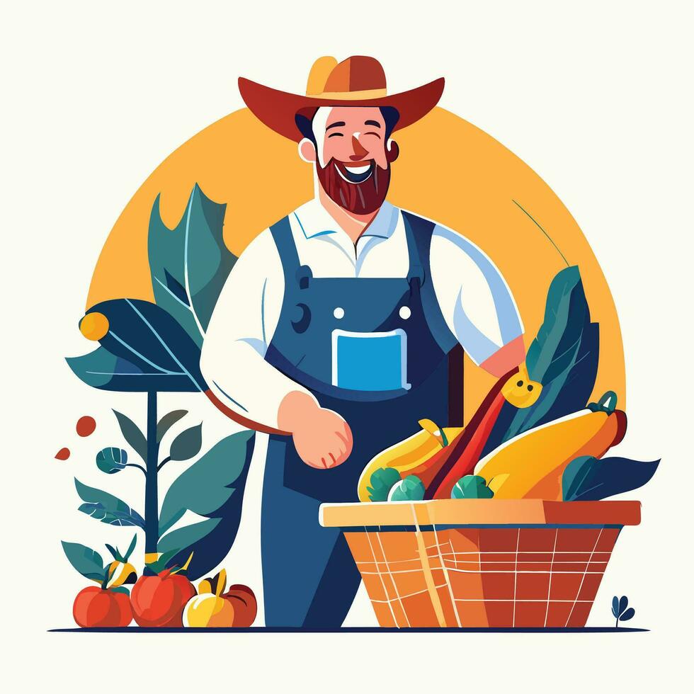 Smiling male farmer or gardener in uniform holds basket of ripe vegetables and fruits. Work and harvest. vector