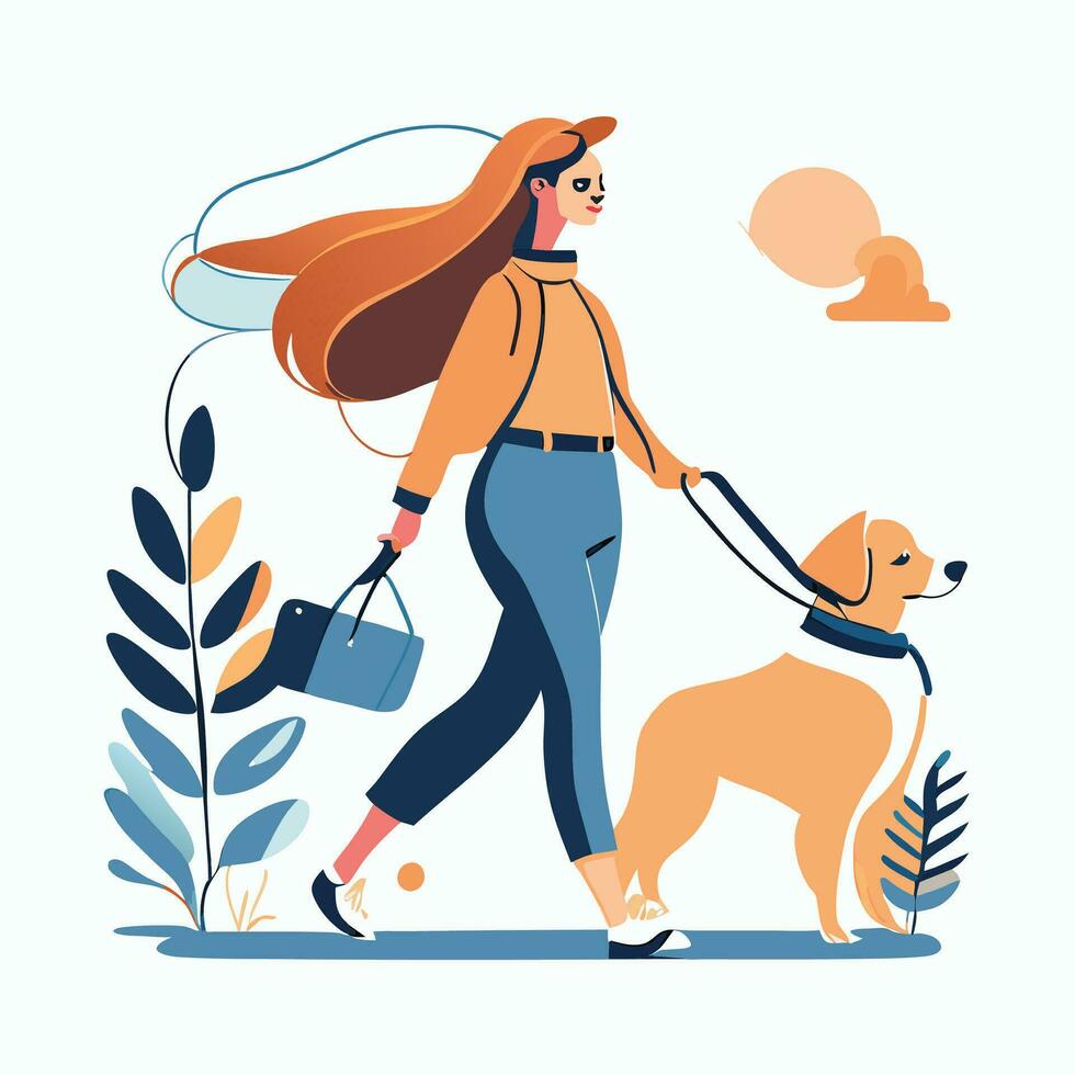 Woman, dog owner walking with puppy, leading it on leash. Girl going with doggy, vector