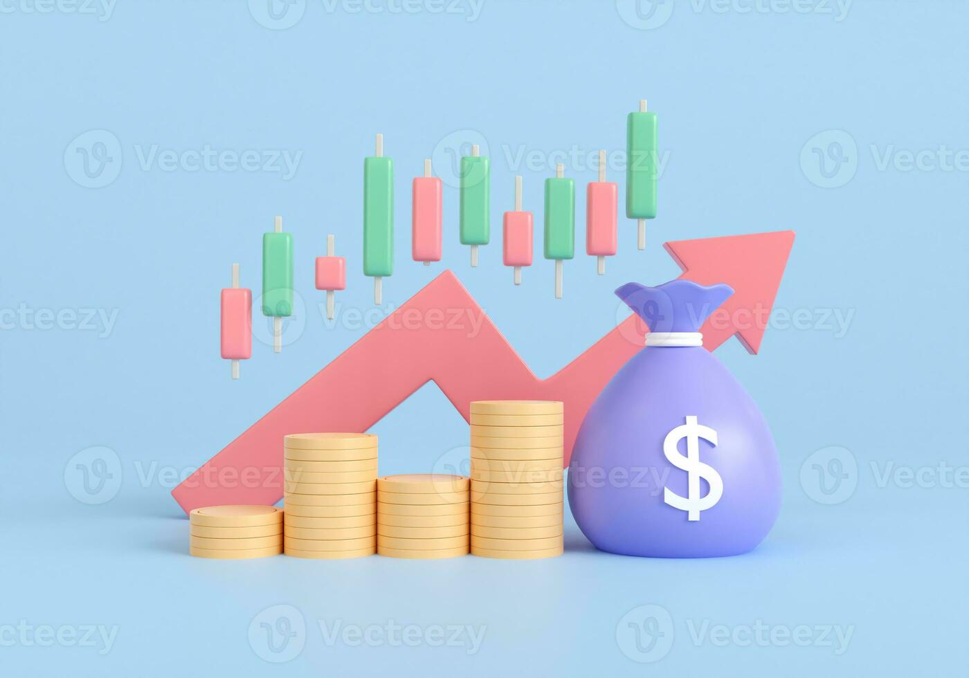 3d render trading investment bag money and coin stack. business trading and arrow growth concept. savings, income and returns. stock market and candlestick chart rising. 3d Rendering illustration. photo