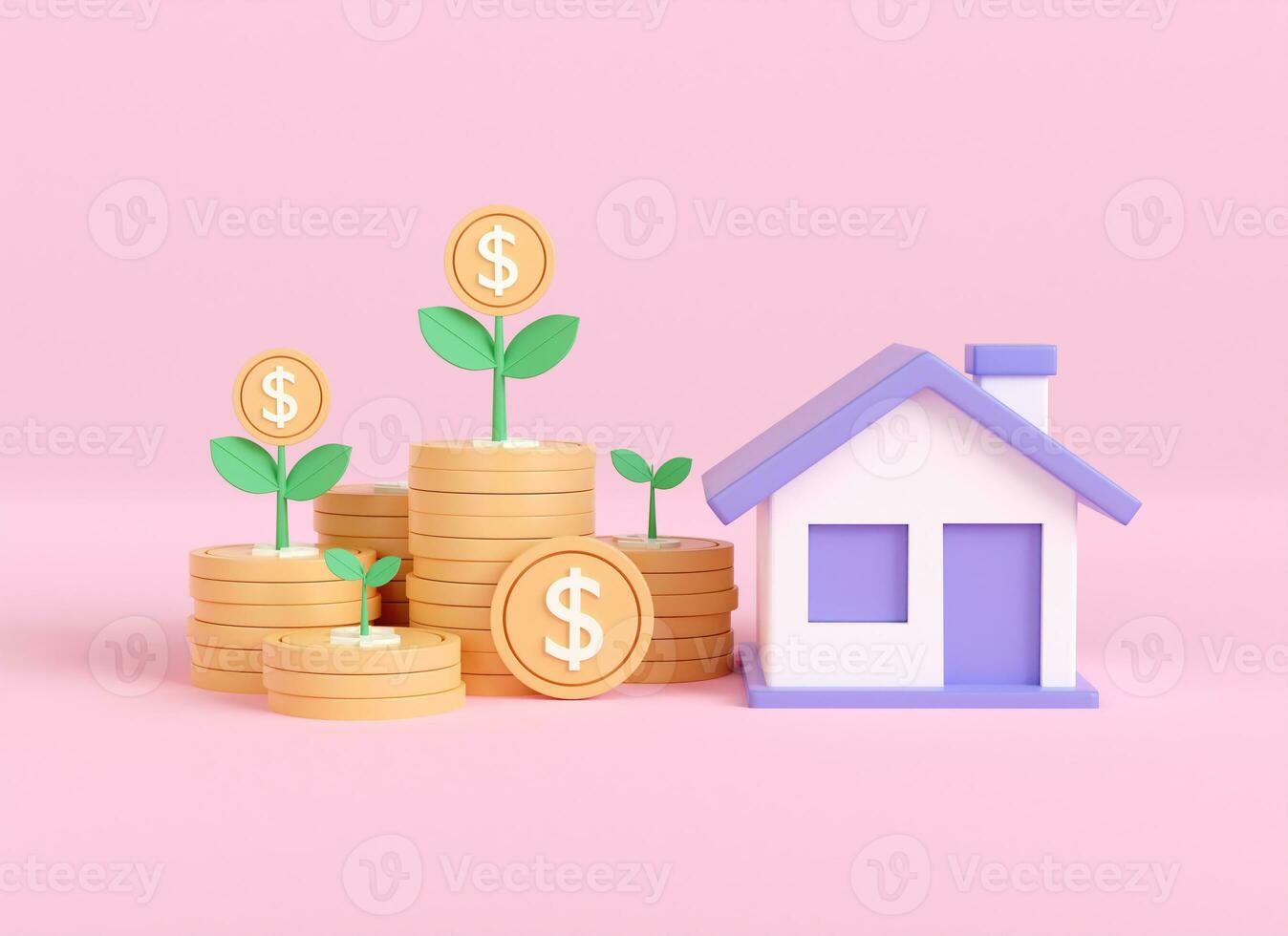 3d render coin stack home and tree growth. save money for buy house. loans and mortgages. business real estate investment. 3d rendering illustrator minimal. photo