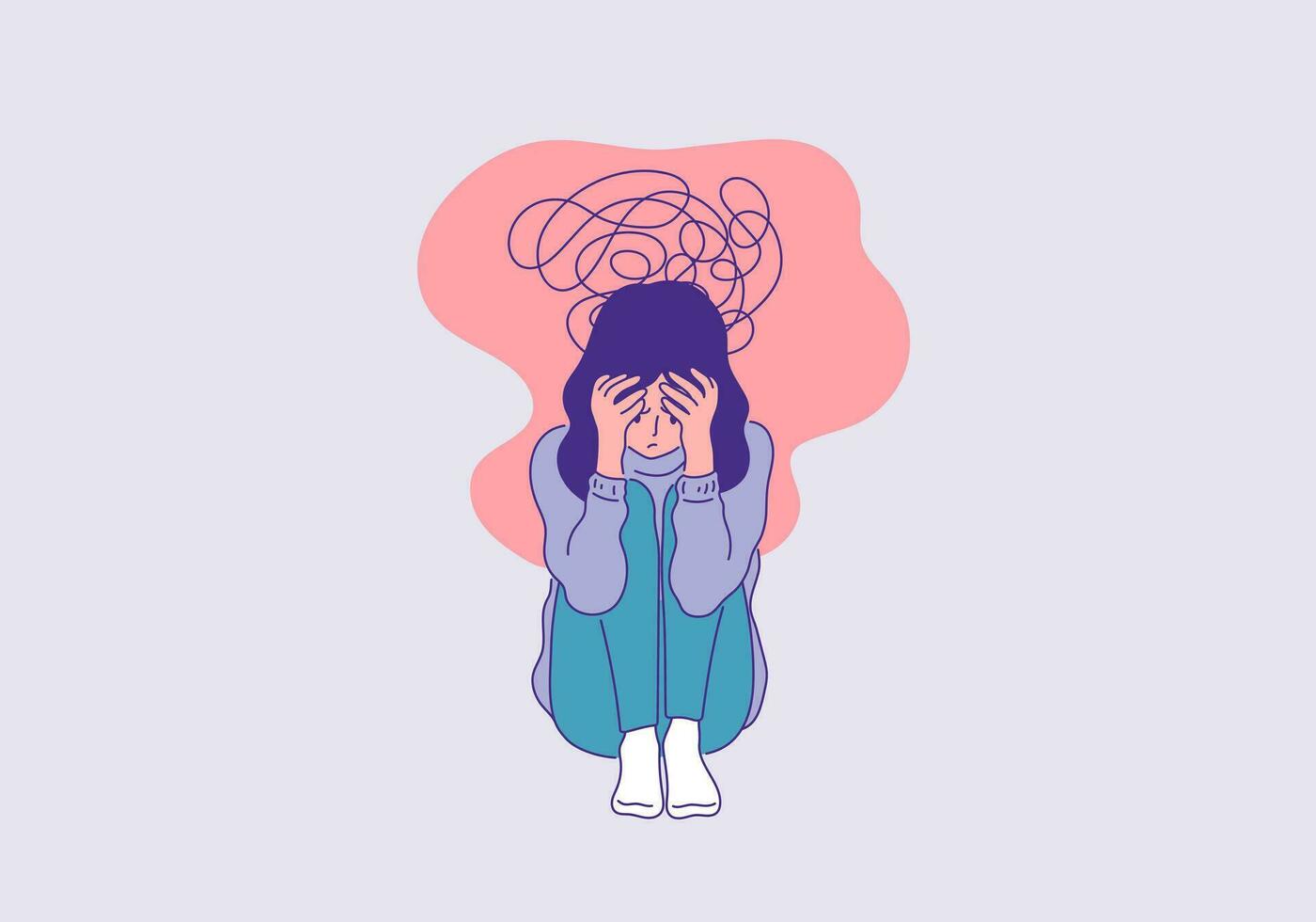 Deprimido mujer sentado cara palma actitud contorno de colores ilustración vector