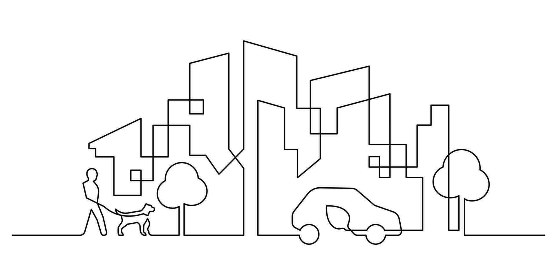 cityscape ecology lifestyle scene in continuous line drawing vector