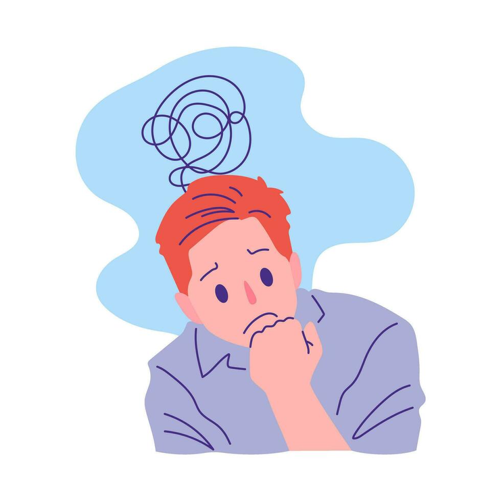 depressed man with stressful and confusion rest chin in hand pose action vector