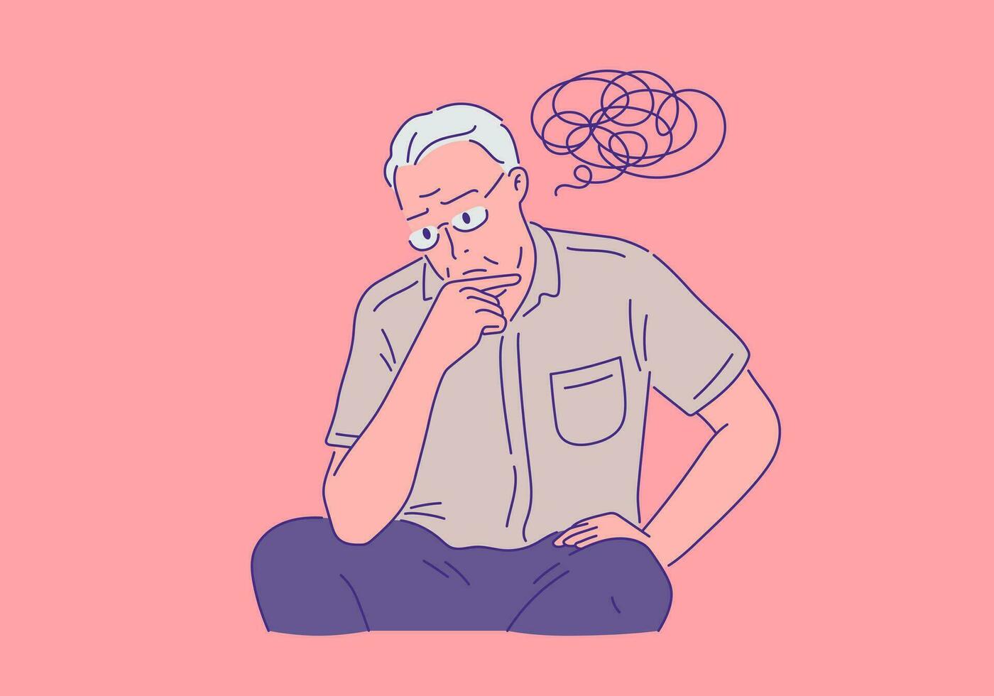suffering elderly man with thoughtful pose illustration. retirement concept. vector