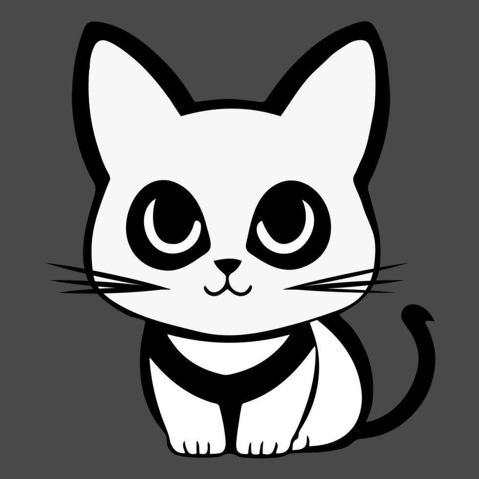 Cute cat with big eyes, black and white vector illustration.