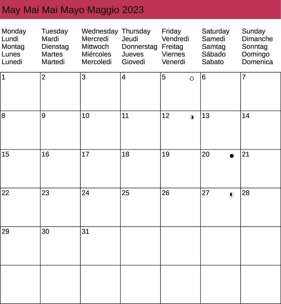multilingual May 2023 calendar vector