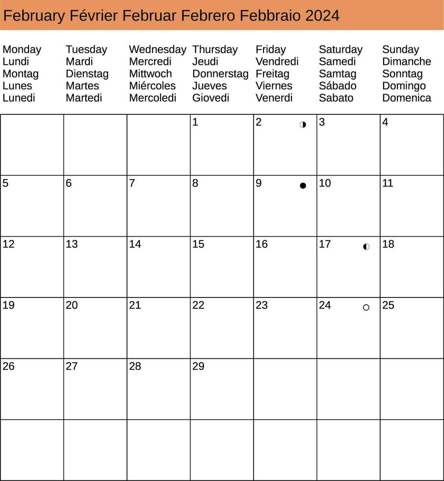 multilingual February 2024 calendar vector
