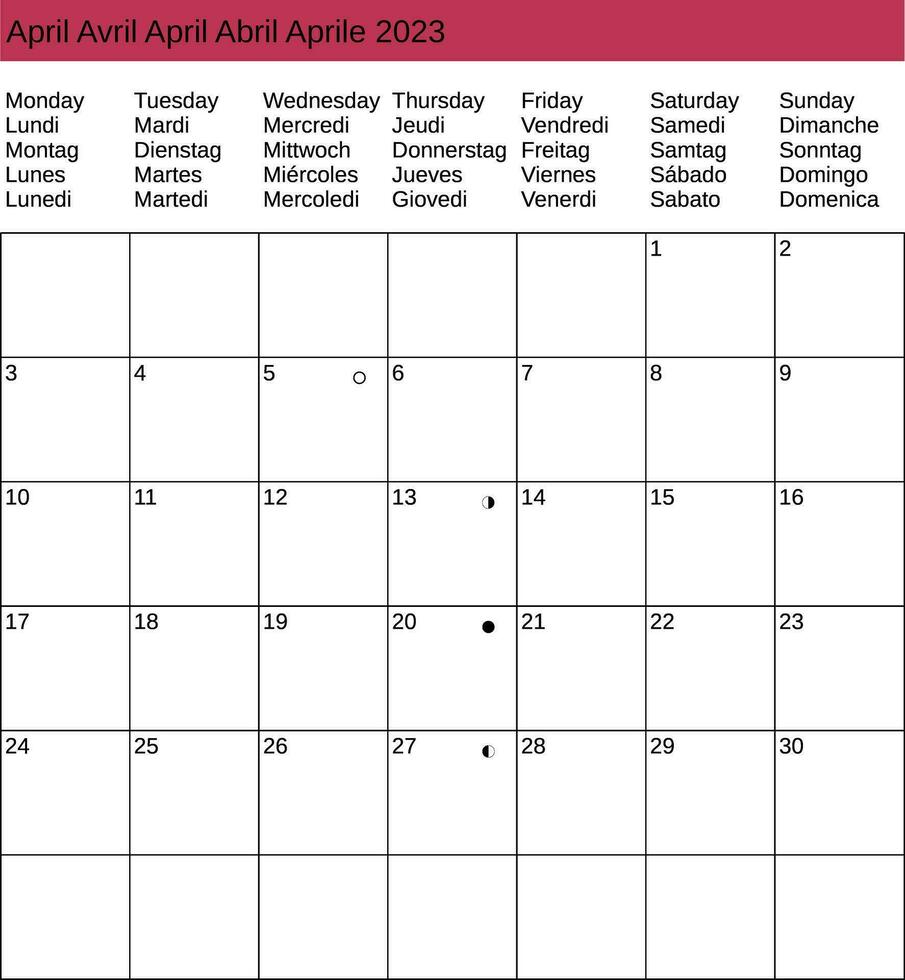 multilingual April 2023 calendar vector