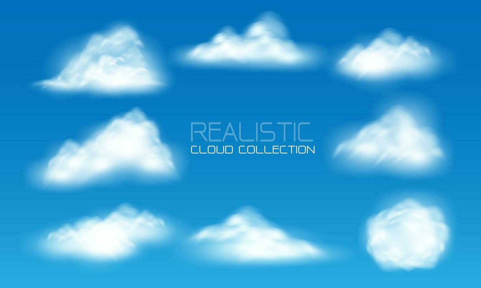 Realistic white cloud fog smoke set collection on blue sky background vector