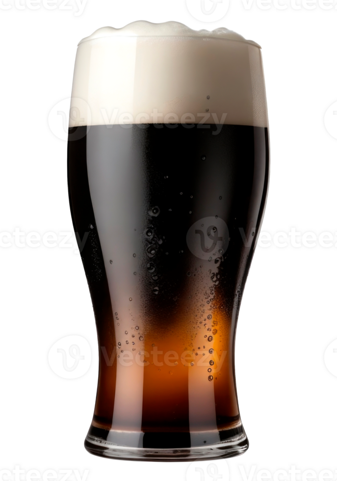 Fresh Black Beer glass with foam isolated on transparent background. png