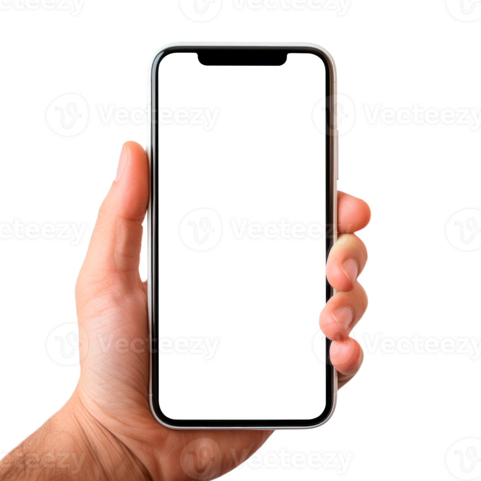 Hand holding smartphone with transparent screen on transparent background. Mockup template for artwork design. png