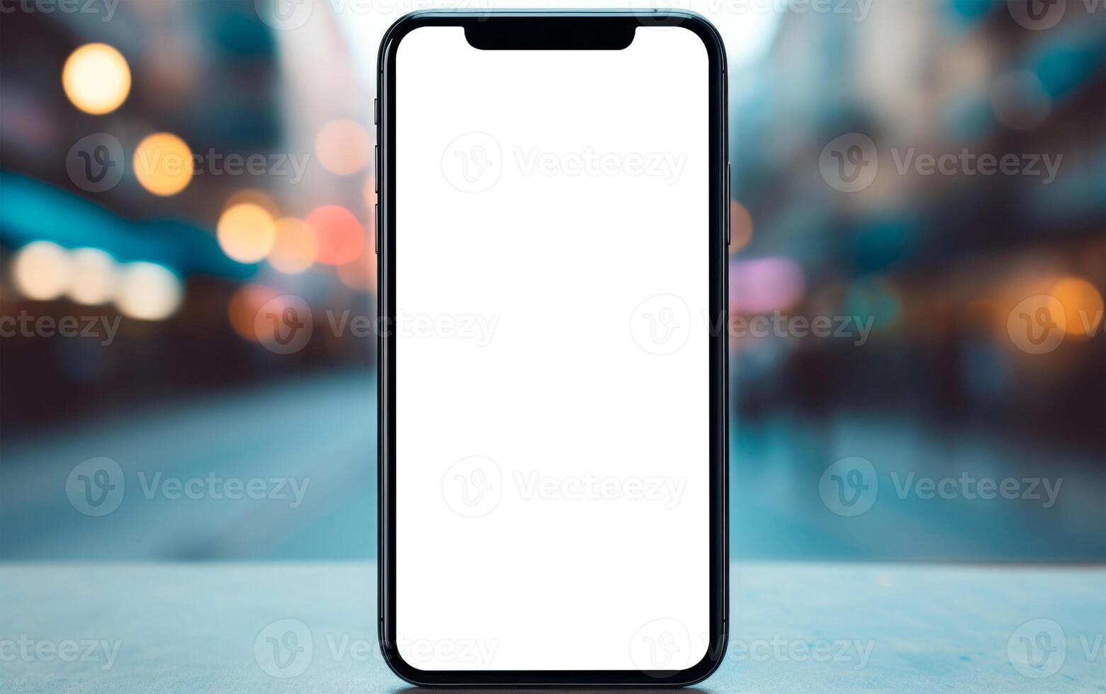 Smartphone with blank white screen isolated on blurry city background. Mockup template for artwork design. photo