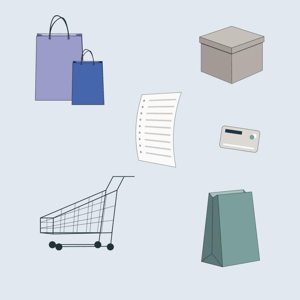 Graphic vector illustration of a shopping set on a blue background. Shopping cart, box, shopping paper bag, credit card, shopping list.