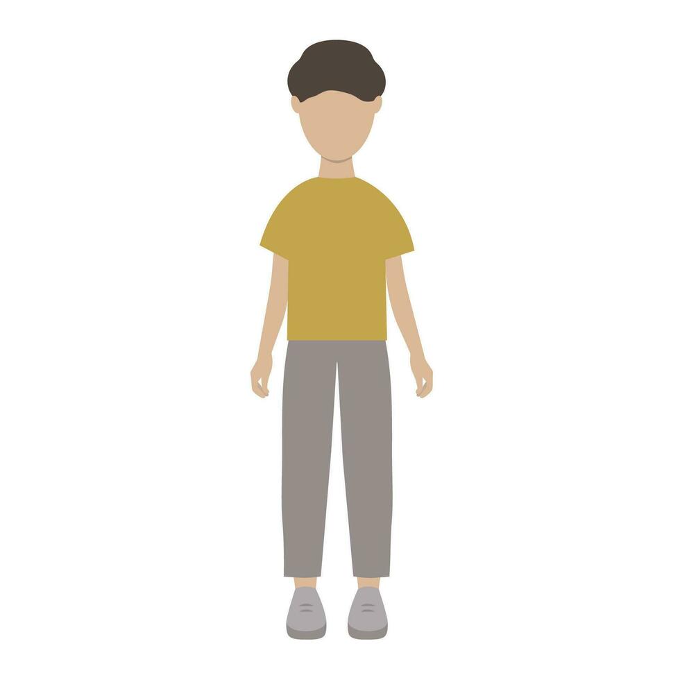 Graphic vector illustration of a boy in a t-shirt, sneakers and gray pants on a white background.