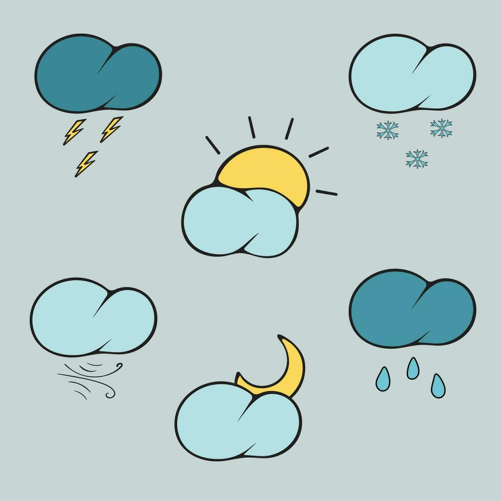 gráfico vector ilustración de clima íconos en un gris antecedentes. nubes, iluminación, sol, nieve, lluvia, Luna.