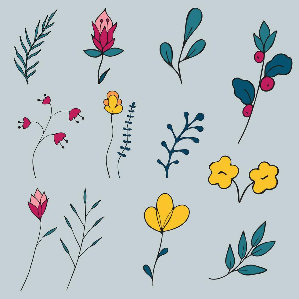 Graphic vector illustration of a set of flowers and branches on a blue background.