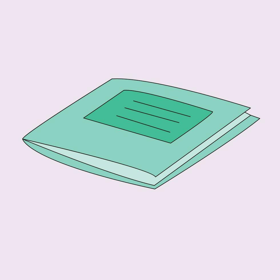 Vector graphic illustration of a green school notebook on a pink background.
