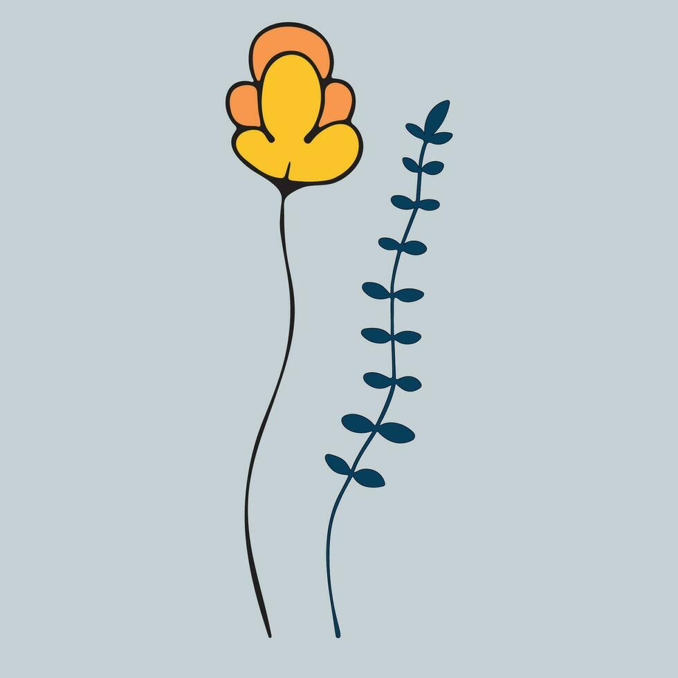 Graphic vector illustration of a green branch and a yellow flower on a blue background.