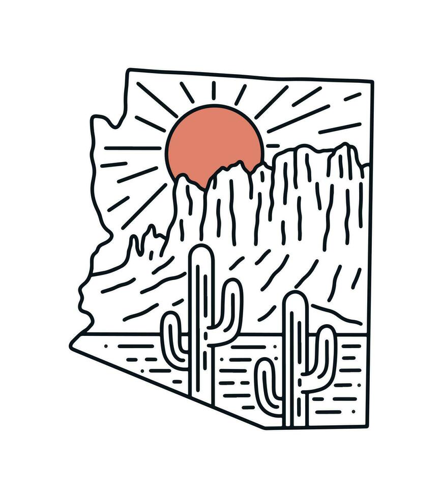 Superstition Mountains desert of Arizona mono line vector illustration for t shirt,badge, sticker and etc