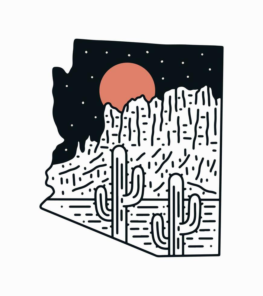 superstición montañas Desierto de Arizona en el noche mono línea vector ilustración