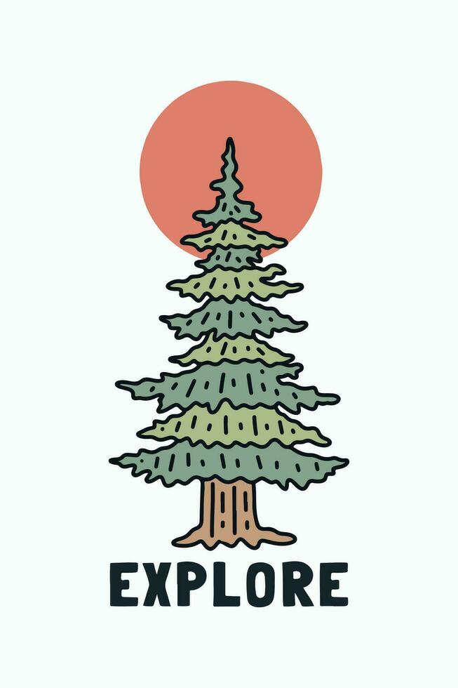 The sturdy pines tree and the red sun vector outdoor illustration