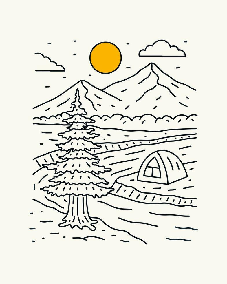 Camping and nature mountain mono line art vector illustration without color