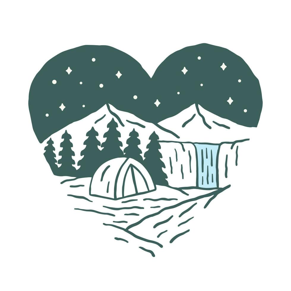 Camping near the waterfall and view of the nature mountain design for badge, sticker, t shirt vector illustration