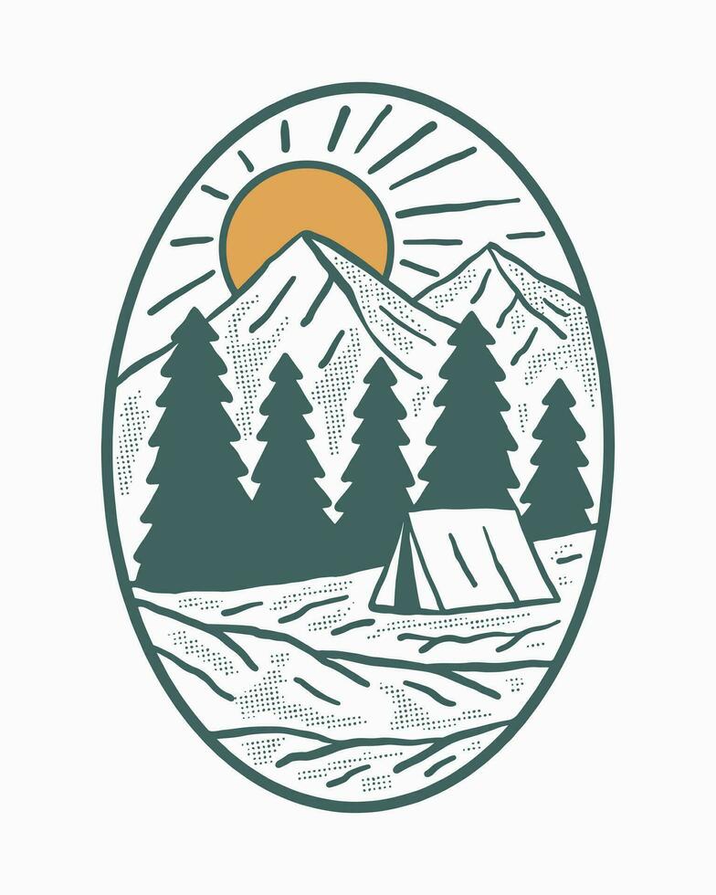 camping in wild mountain and nature art design for badge, sticker, t shirt vector