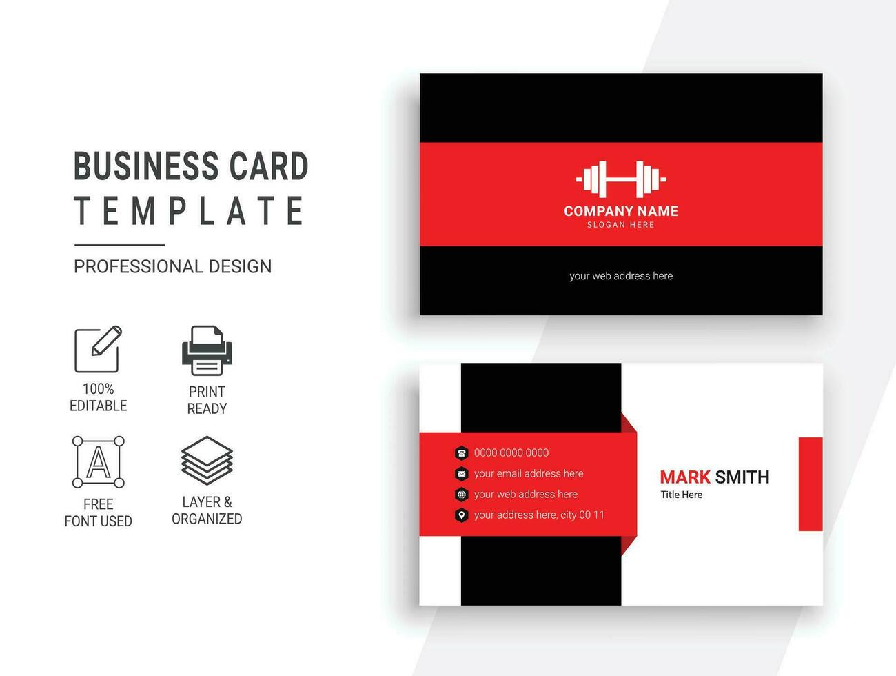 Black and Red Colors Gym Fitness Business Card Design Template vector