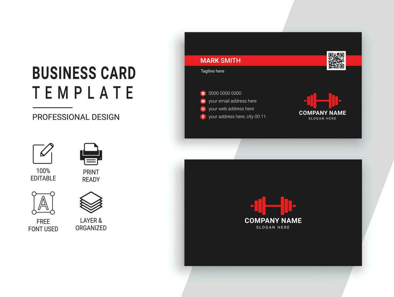 Black and Red Gym Fitness Business Card Design Template vector
