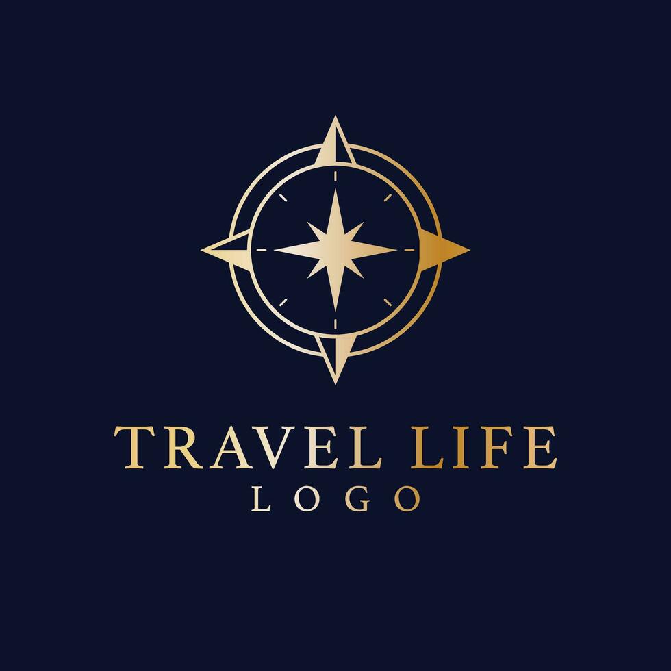 Travel life vector logo design. Minimalistic compass logotype. Elegant gold travel logo template.